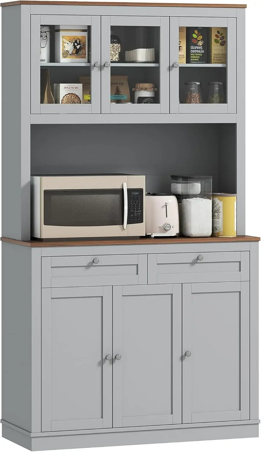 71 Inch Tall Freestanding Kitchen Pantry Hutch with Microwave Stand