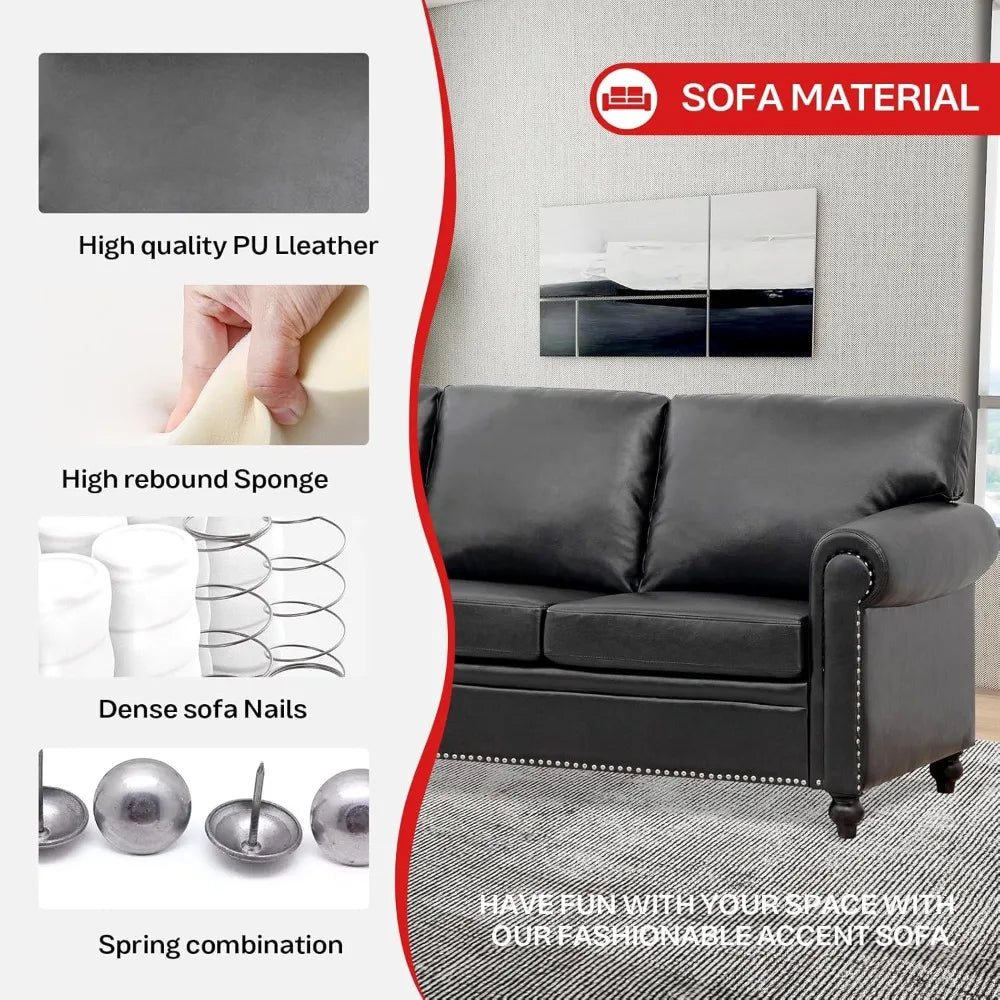 Ljustra Black Faux Leather 3-Seater Office Couch Modern Sofa