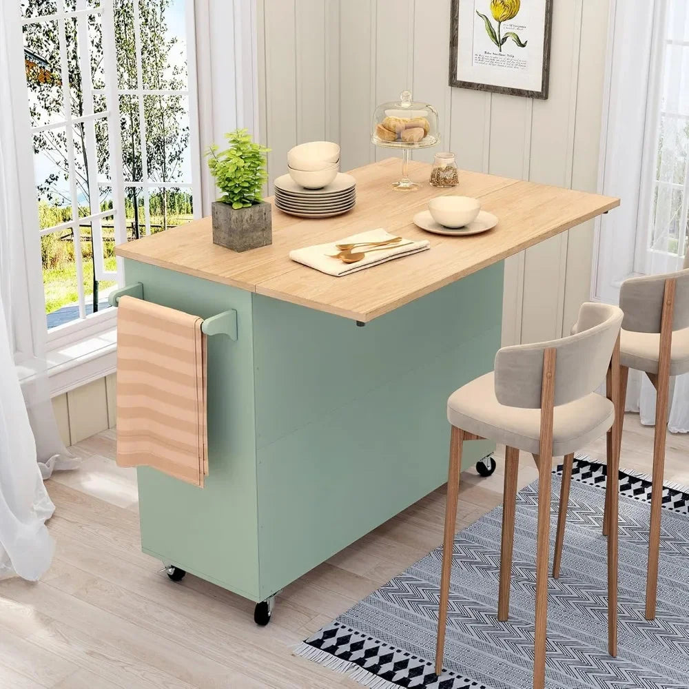 Rolling Kitchen Island with Storage Drop-Leaf Bar Countertop Modern Style