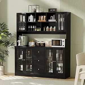 Large Kitchen Hutch Cabinet Storage with Glass Doors Drawers Microwave Shelf