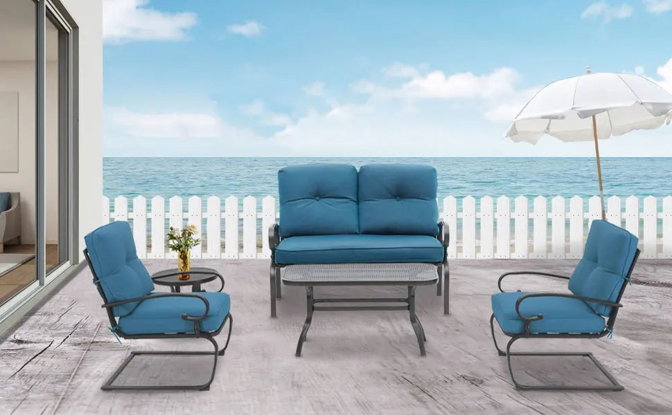 5 Piece Metal Outdoor Furniture Set Wrought Iron Patio Chair Cushions