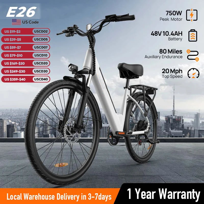 Peak 750W Electric Bike Adults 48V 10.4Ah Removable Battery 20MPH