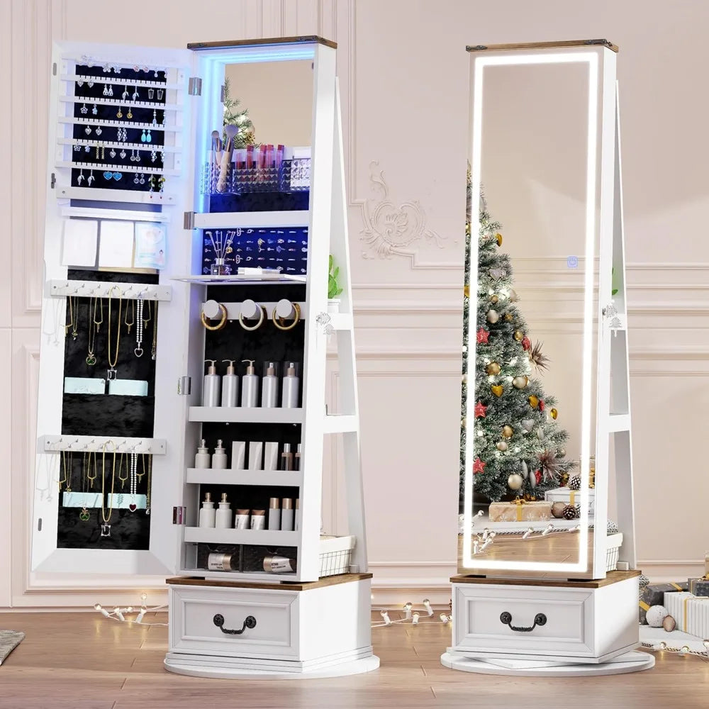 LED Mirror Jewelry Cabinet 360° Swivel Armoire Full Length Storage
