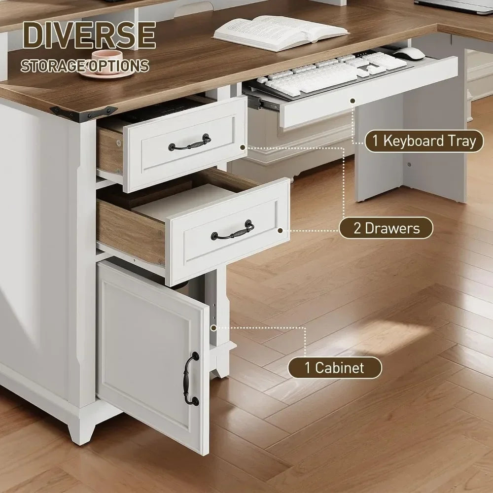 Farmhouse L Shaped Desk with Drawer and Charging Station for Home Office