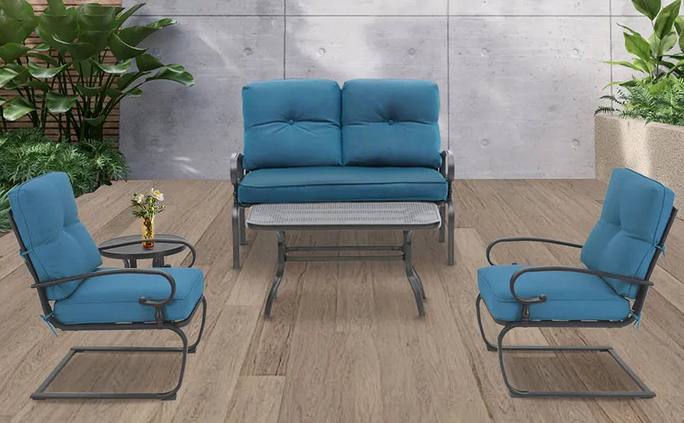 5 Piece Metal Outdoor Furniture Set Wrought Iron Patio Chair Cushions