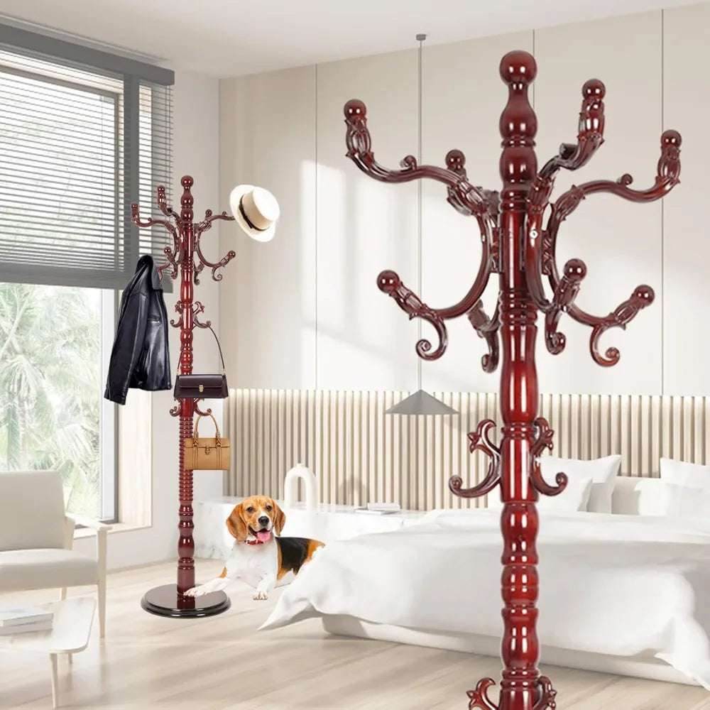 Freestanding Coat Rack Solid Wood 14 Hooks Adjustable Height Stand