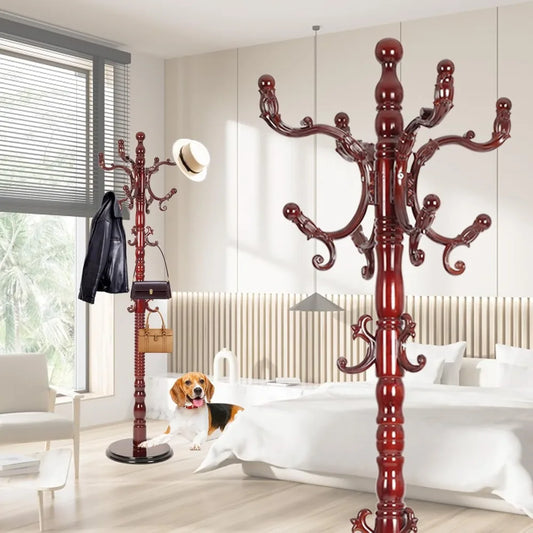 Freestanding Coat Rack Solid Wood 14 Hooks Adjustable Height Stand