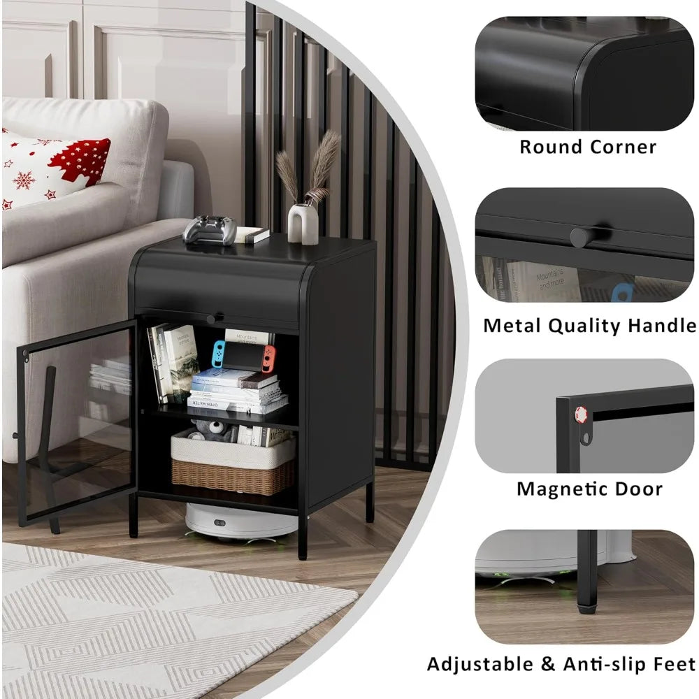 Metal Nightstand Set of 2 Modern Side Table Flip-Top Storage Glass Door