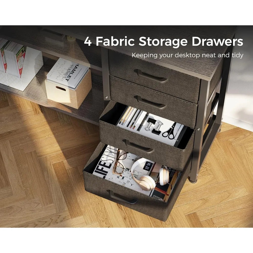 61 Inch L Shaped Desk with Drawer Power Outlets LED Lights Home Office