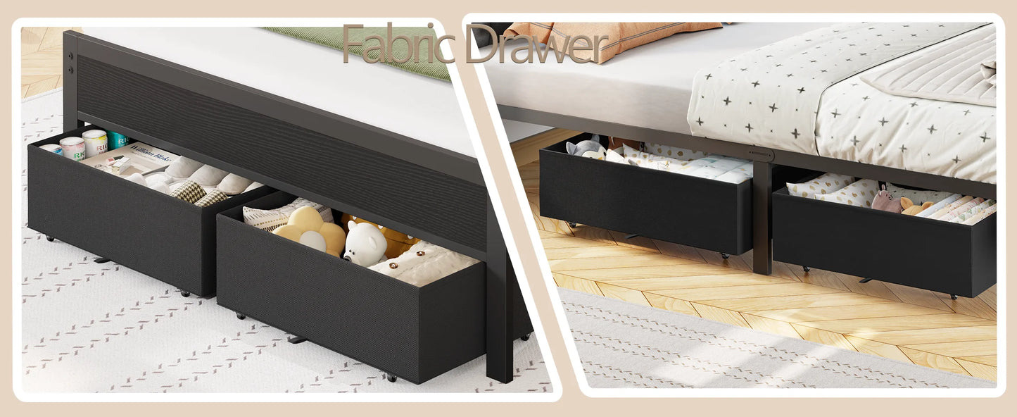 Ljustra Full Bed Frame with Charging Station LED Lights and Storage