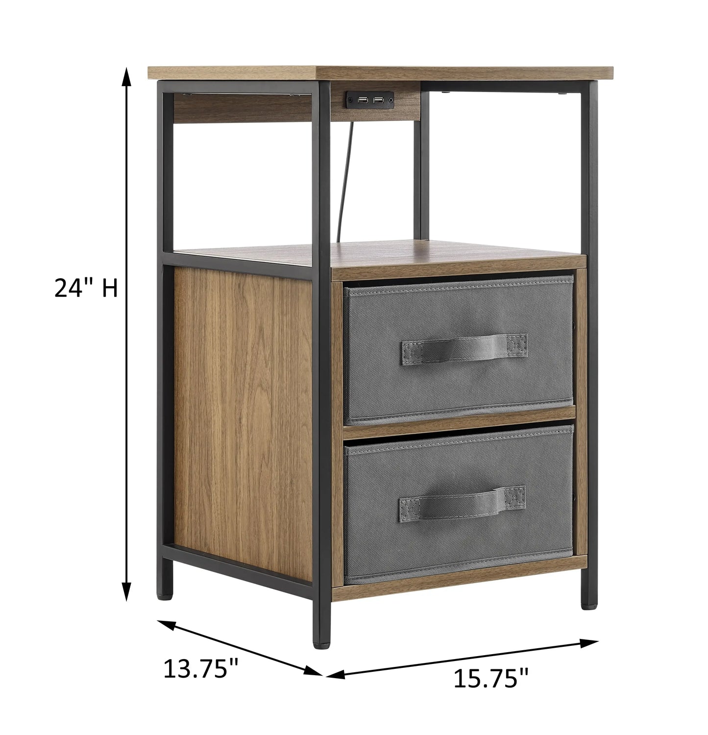 2-Drawers Nightstand with USB Port Modern Fabric Storage Black