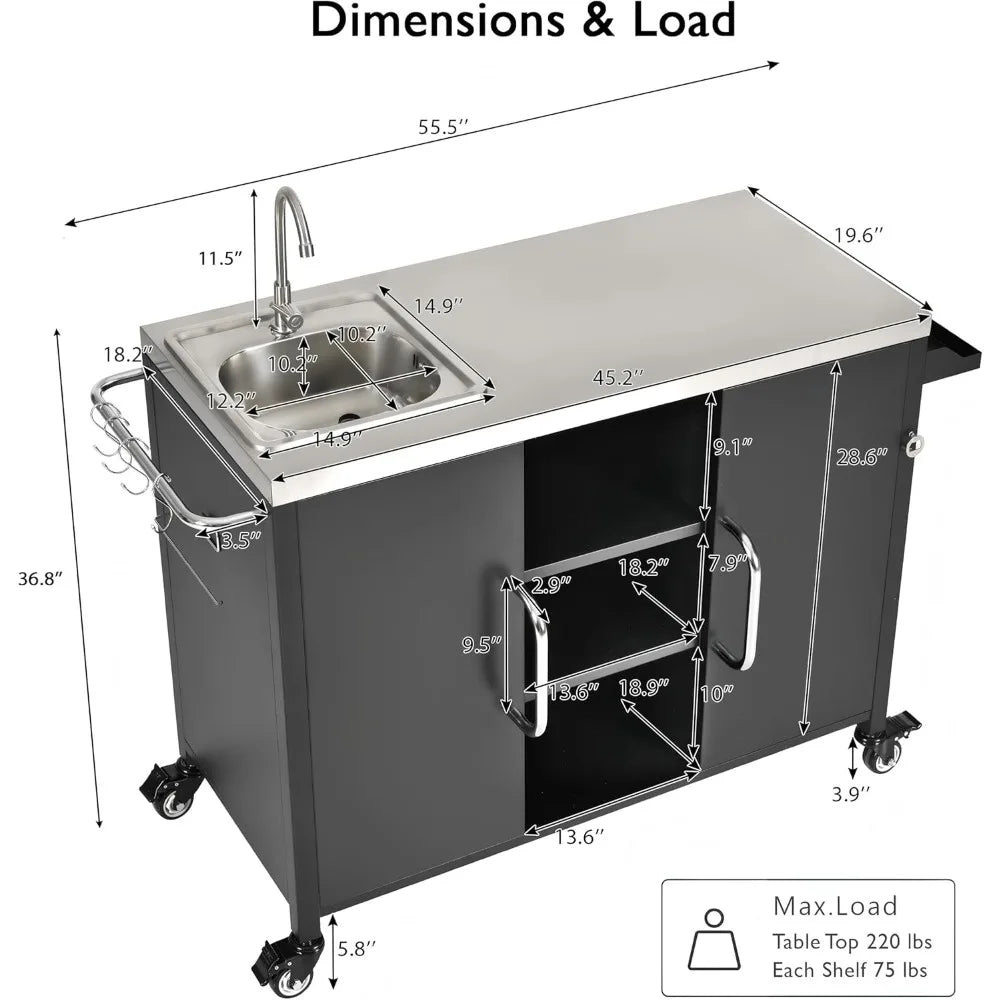 Kitchen Island Sink Metal Grill Cart 55 Inch Outdoor Bar Station