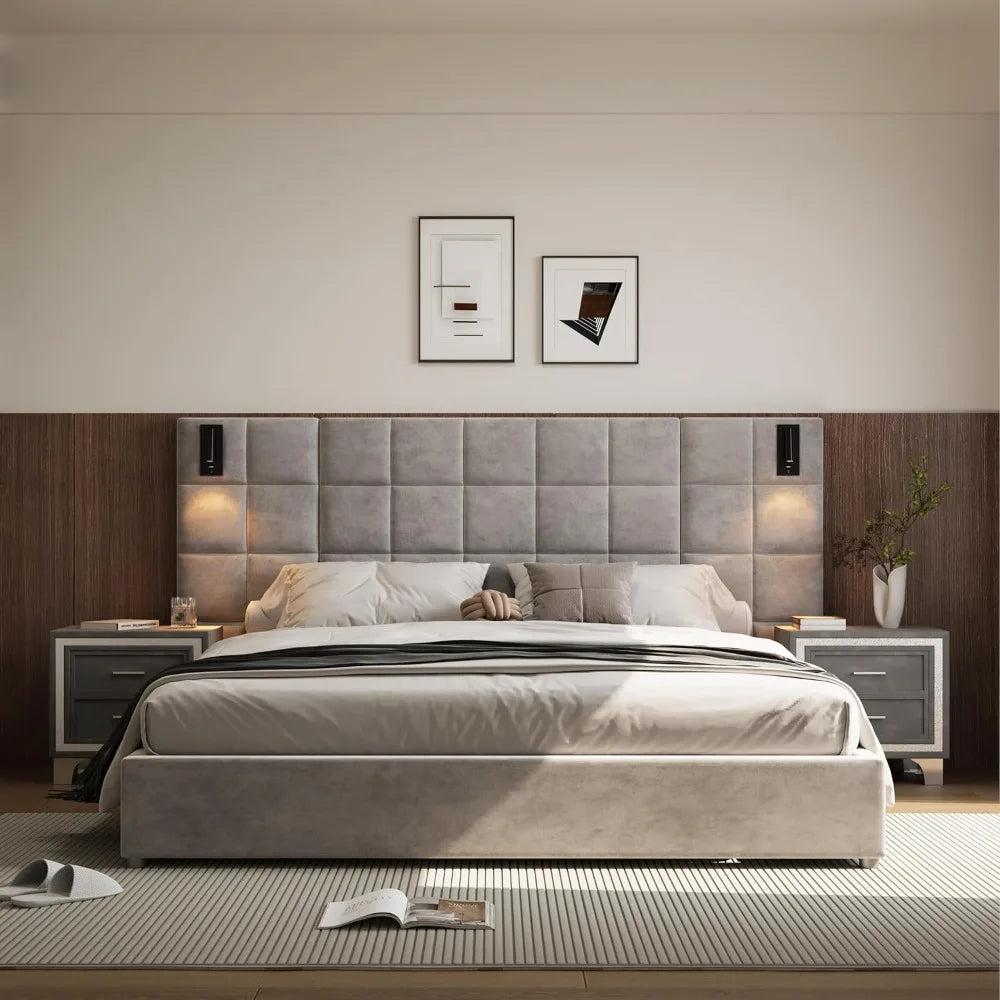 King Platform Bed Frame with Velvet Headboard and LED Sconces