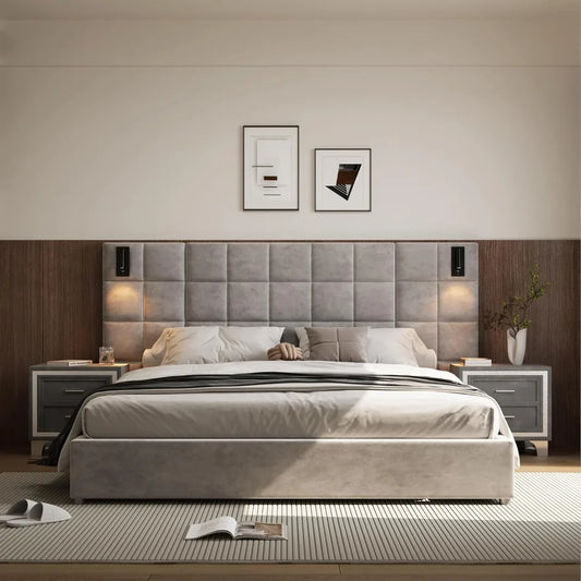 King Platform Bed Frame with Velvet Headboard and LED Sconces