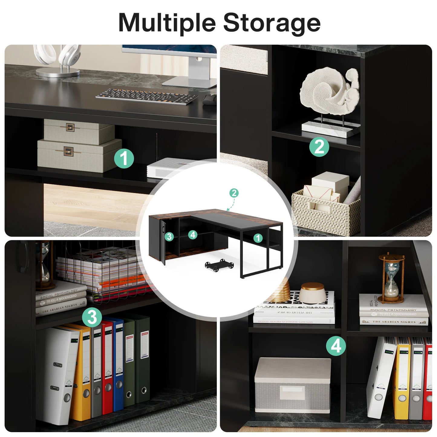 L Shaped Executive Desk with Storage Cabinet 71 Inch Office Furniture