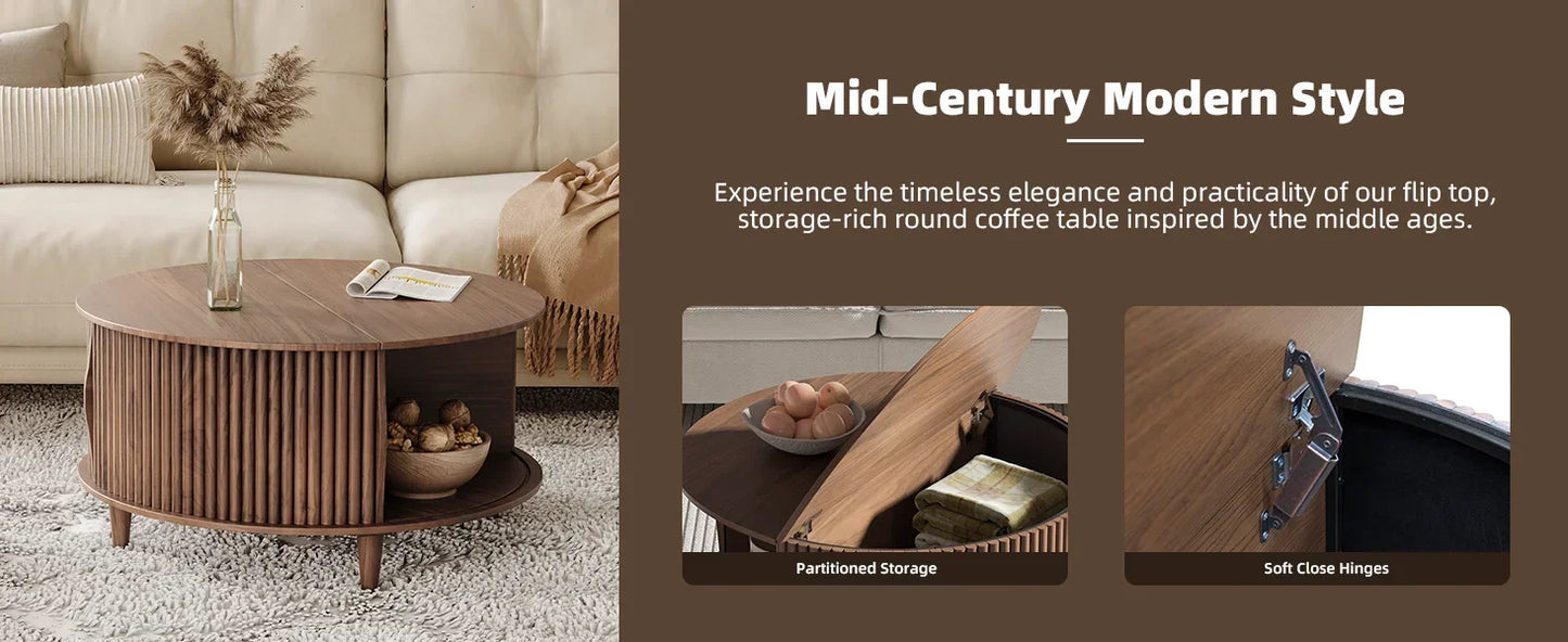 Round Coffee Table with Storage Mid Century Modern Sliding Door Table