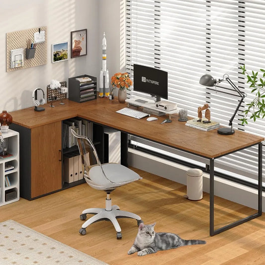 L Shaped Executive Desk with File Cabinet and Power Outlet for Office