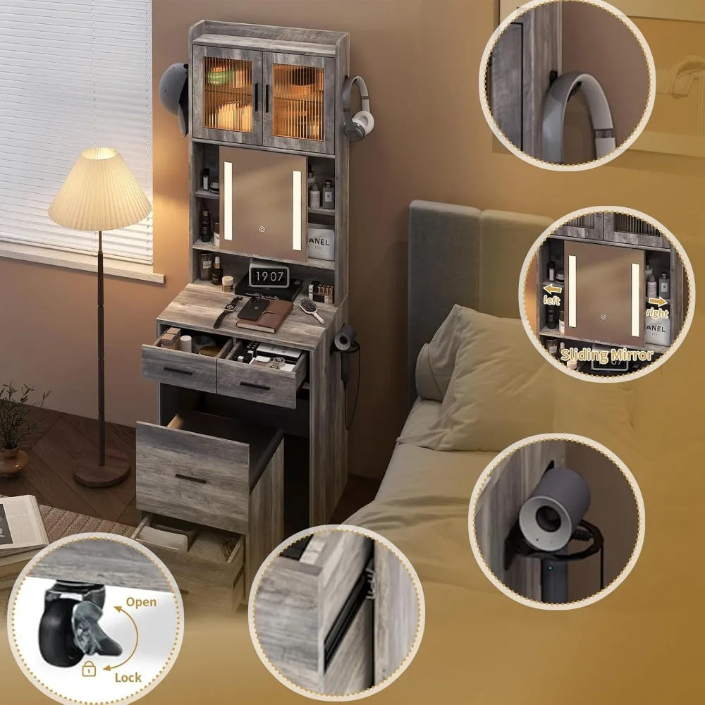 Small Vanity Desk Set Lighted Mirror Makeup Table Compact Storage