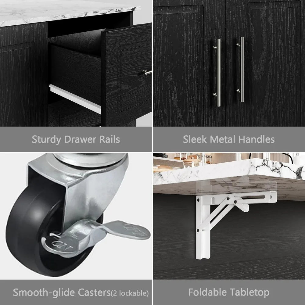 Rolling Kitchen Island Cart with Storage Drop Leaf Marble Top on Wheels