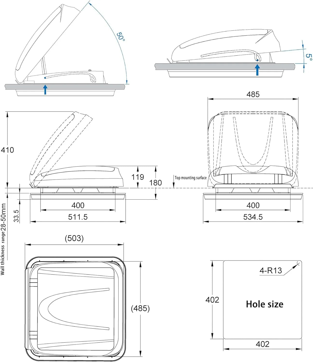 Camper Window RV Skylight with LED Sun Blinds Screen for Trailers