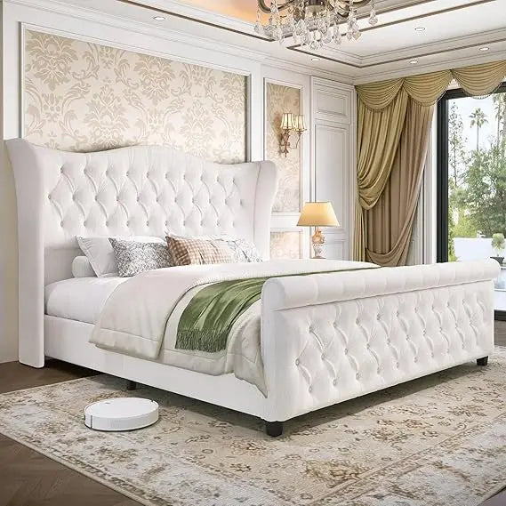 King Size Chenille Upholstered Sleigh Bed Frame with Wingback Headboard