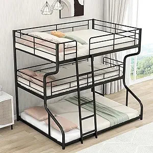 Triple Metal Bunk Bed Full XL Twin XL Queen Frame with Guardrails