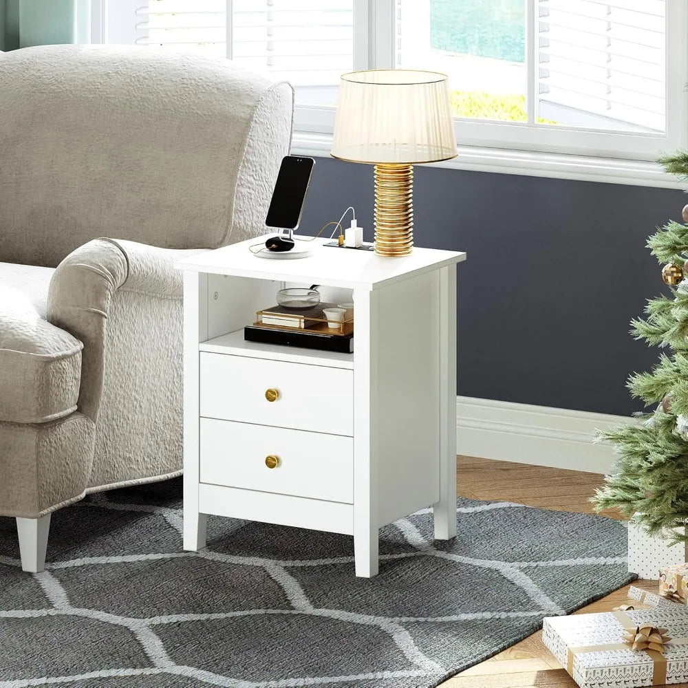 Nightstand with Charging Station Modern Bedside Table 2 Drawers USB
