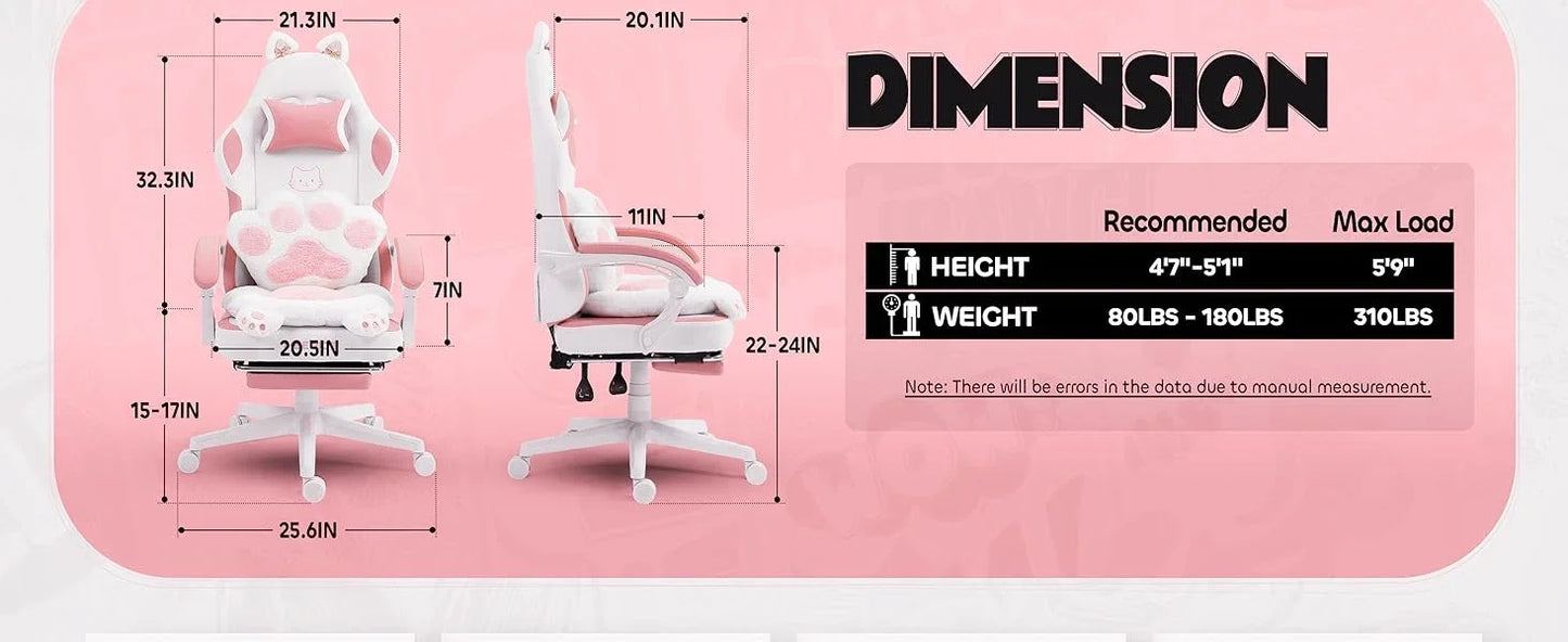 Cute Gaming Chair with Cat Ears Lumbar Cushion Ergonomic Footrest Reclining