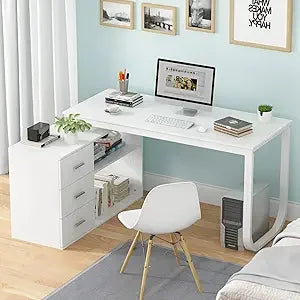 L-Shaped Home Office Desk with Storage 3 Drawers 2 Shelves Modern Design