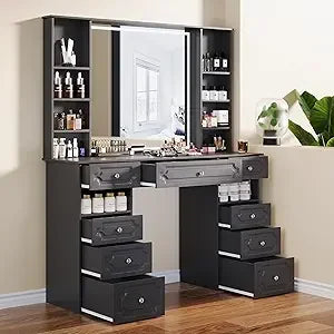 Black Vanity Desk with Lighted Mirror and 9 Storage Drawers for Makeup