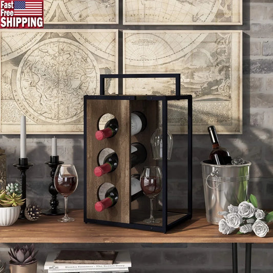Rustic Wood 3 Bottle Wine Rack with Handle and Stemware Holder Compact Design