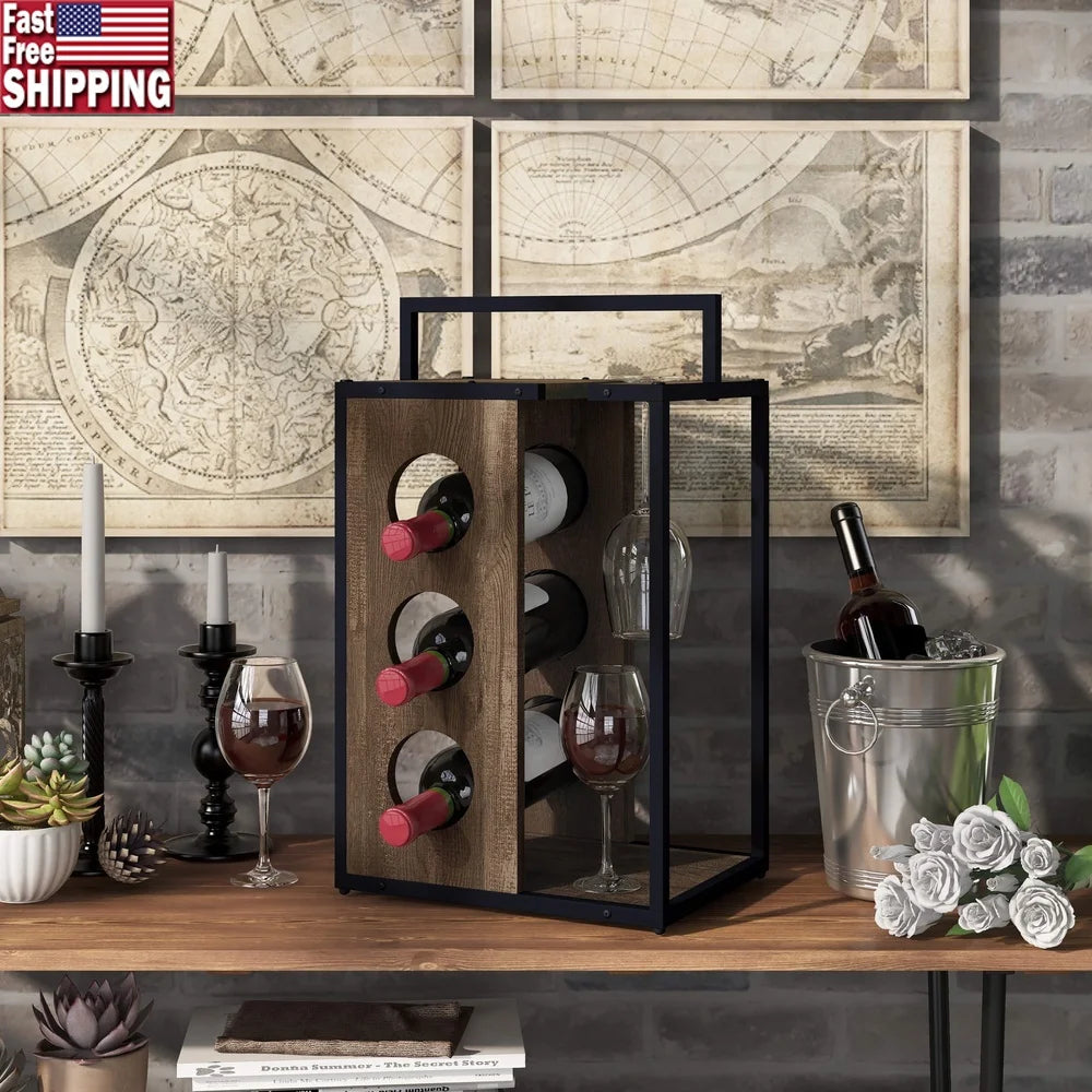 Rustic 3-Bottle Wine Rack with Handle Stemware Holder Compact Design