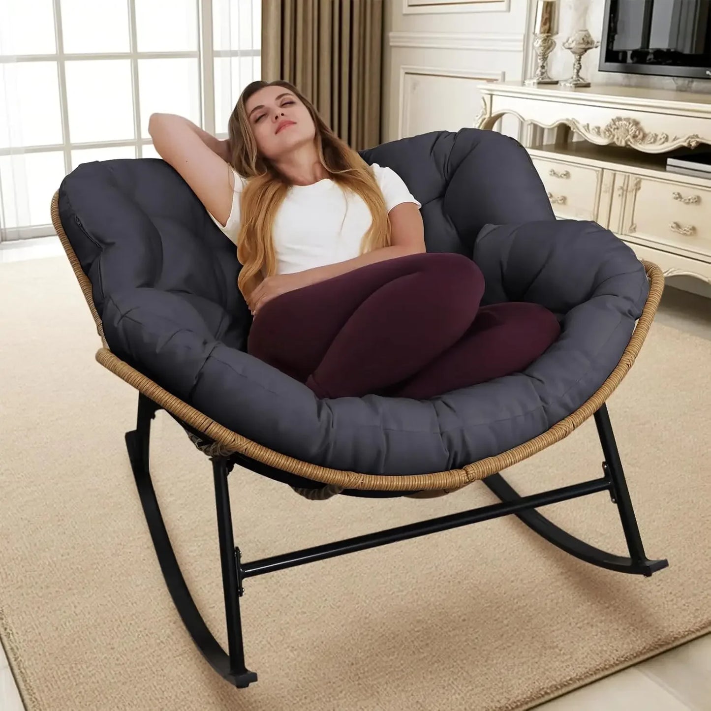 Outdoor Papasan Rocking Chair with Padded Cushion PE Rattan Lounge