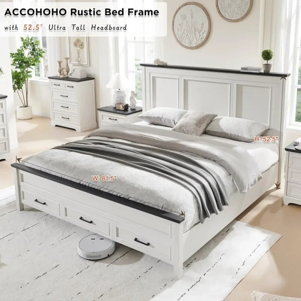 Farmhouse King Size Bed Frame with Tall Headboard and Storage Drawers