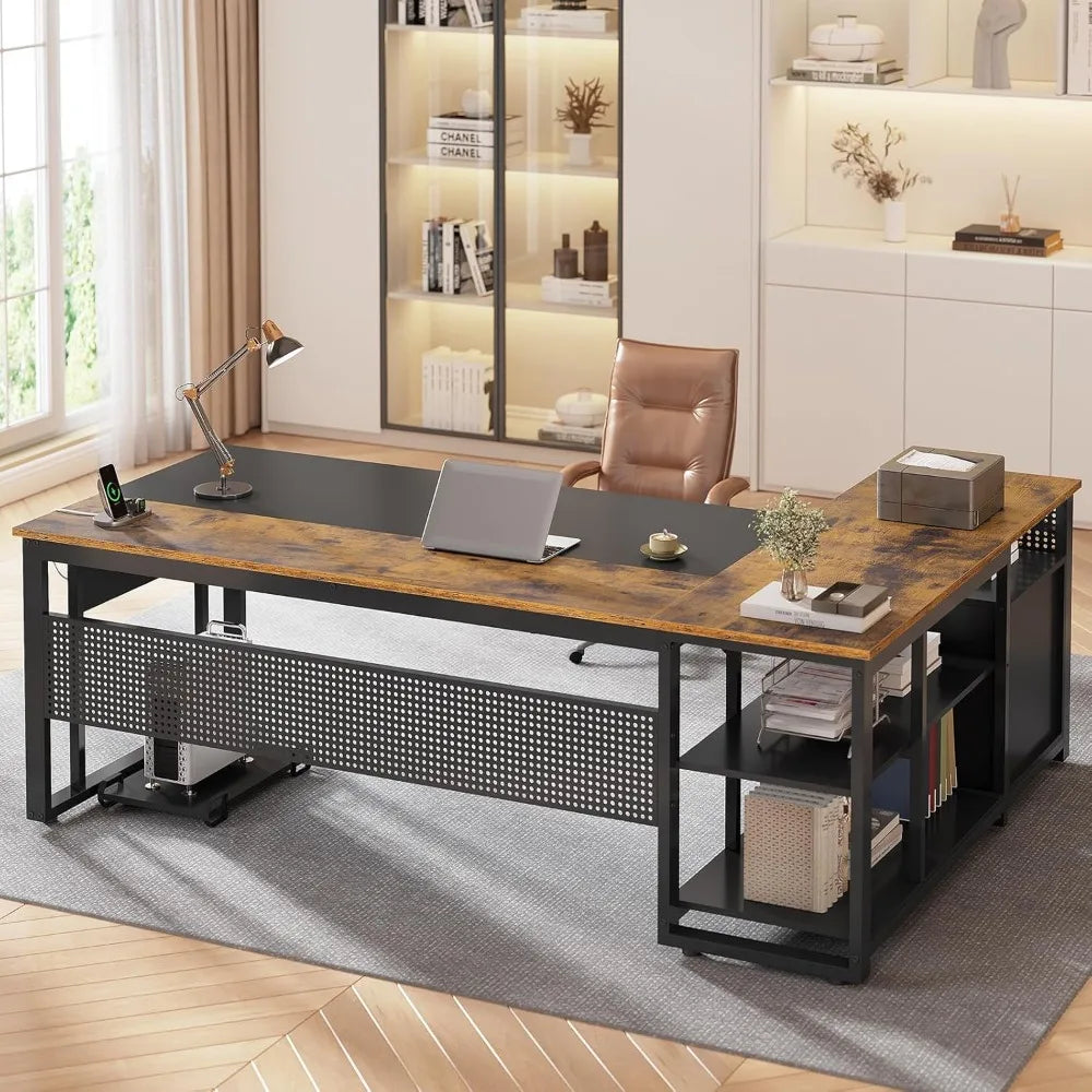 L Shaped Executive Desk with Power Outlets & Storage for Home Office