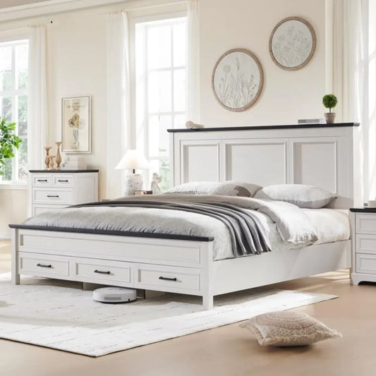 Farmhouse King Size Bed Frame with Tall Headboard and Storage Drawers