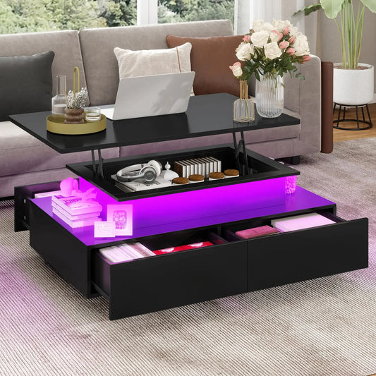 LED Lift Top Coffee Table Modern Living Room Table with Storage