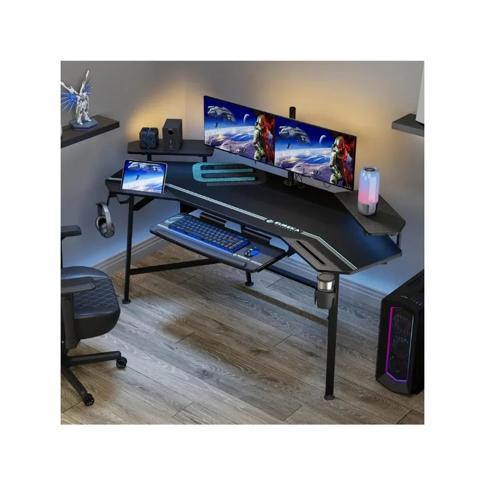Gaming Desk with LED Lights 72 Inch Wing Shaped Computer Desk with Tray