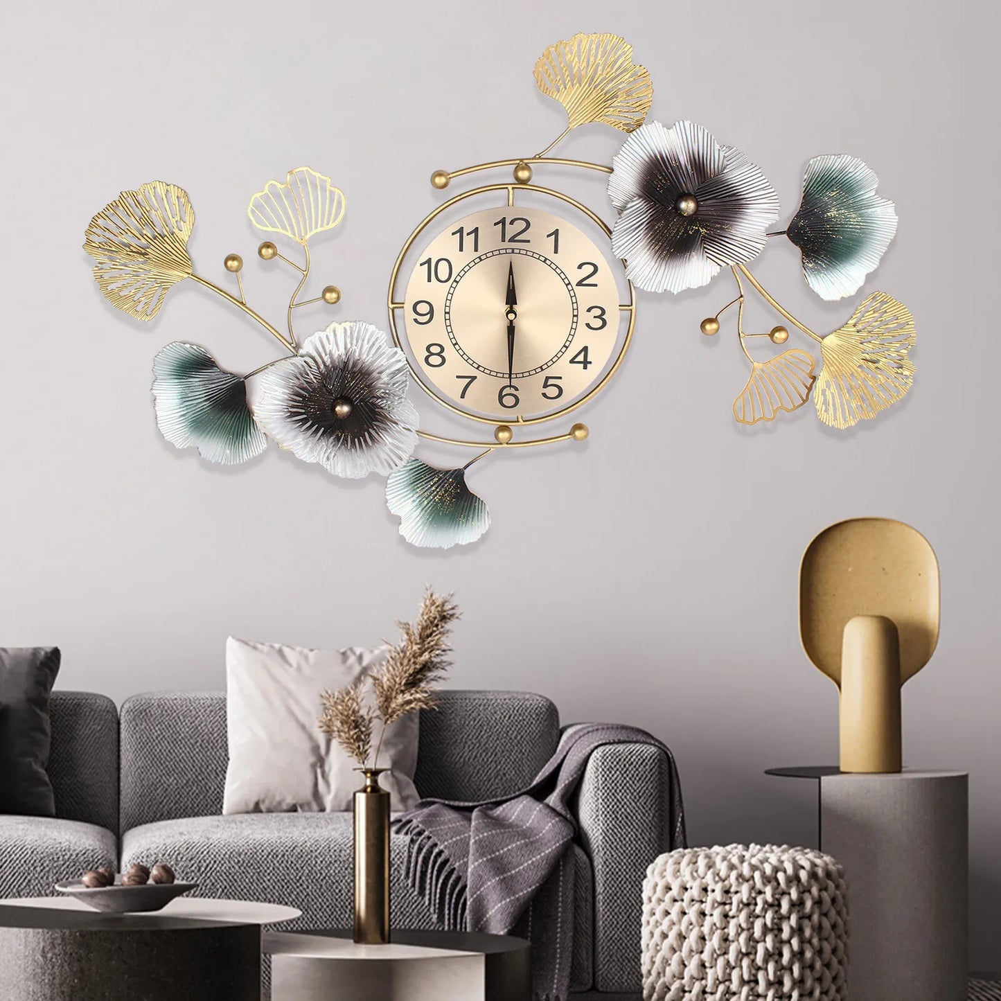 Large Ginkgo Leaf Wall Clock 90x45cm Metal Decor Living Room Home