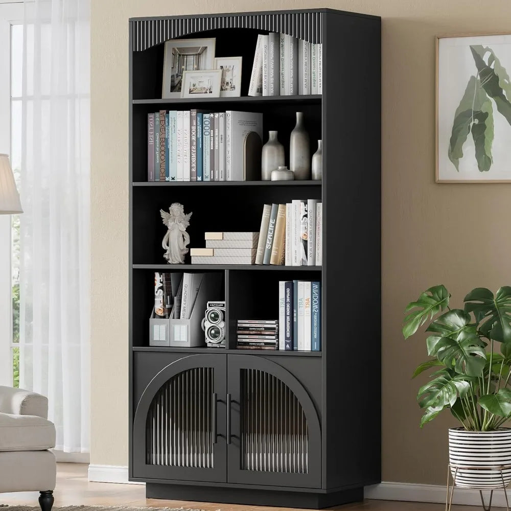 70 Inch Tall Black Bookshelf with Glass Doors Mid Century Modern Storage