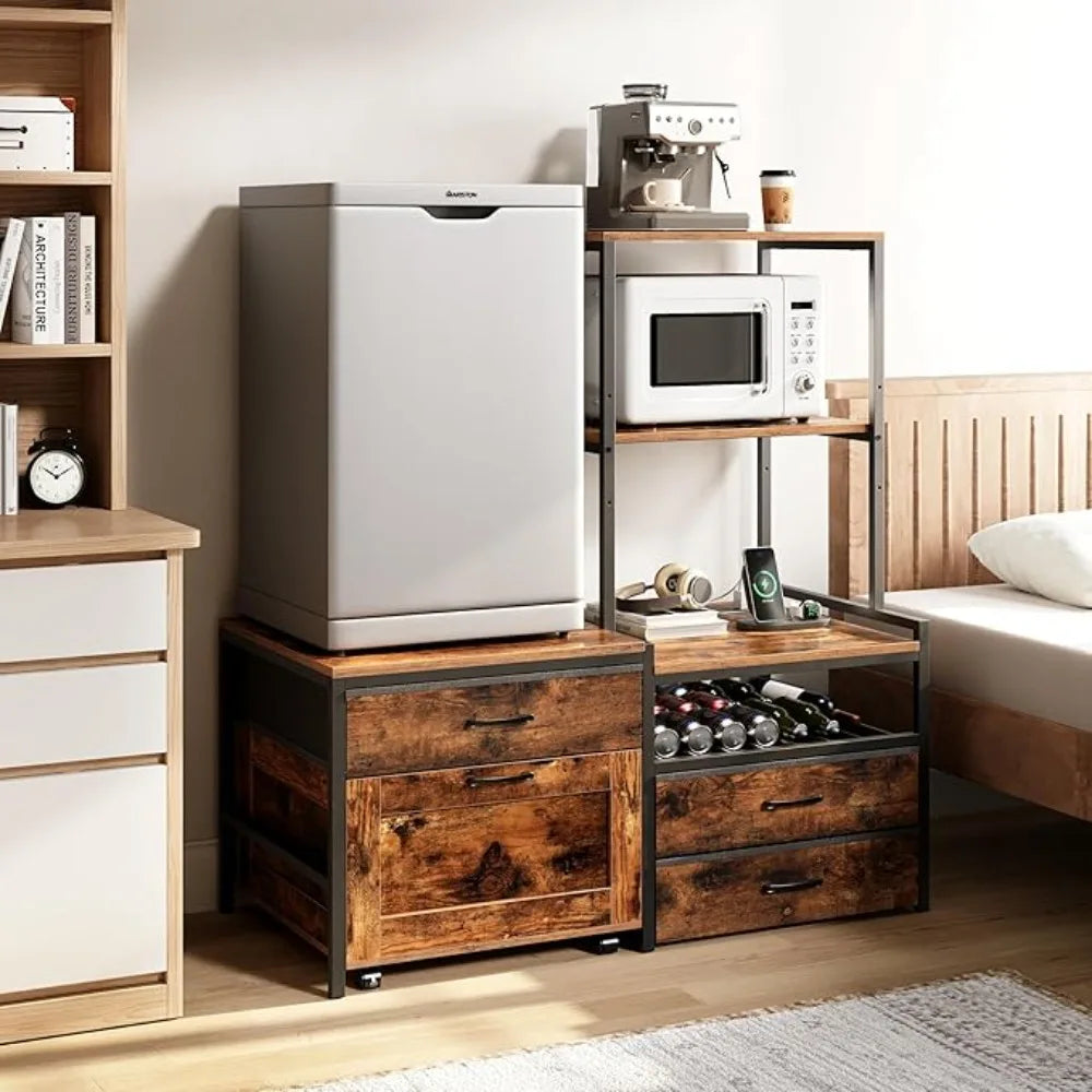 Mini Fridge Stand with Wine Rack Kitchen Bakers Rack Microwave Coffee Bar