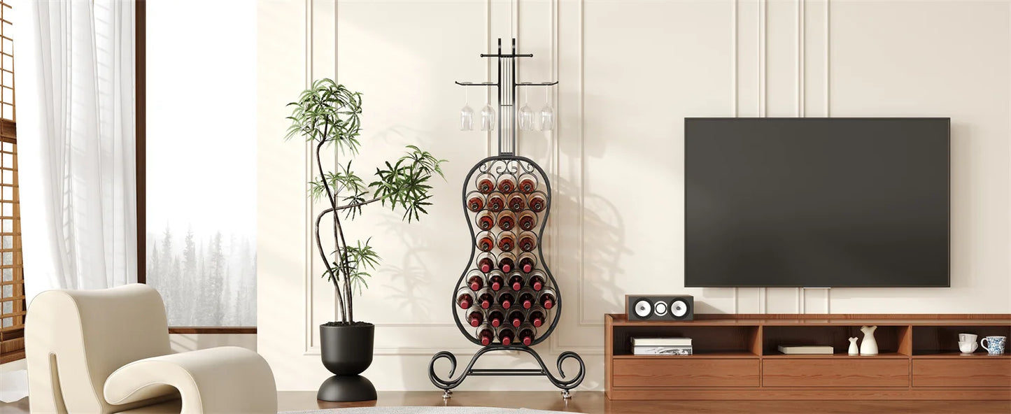 Freestanding Wine Rack for 32 Bottles with Glass Holder Metal Organizer