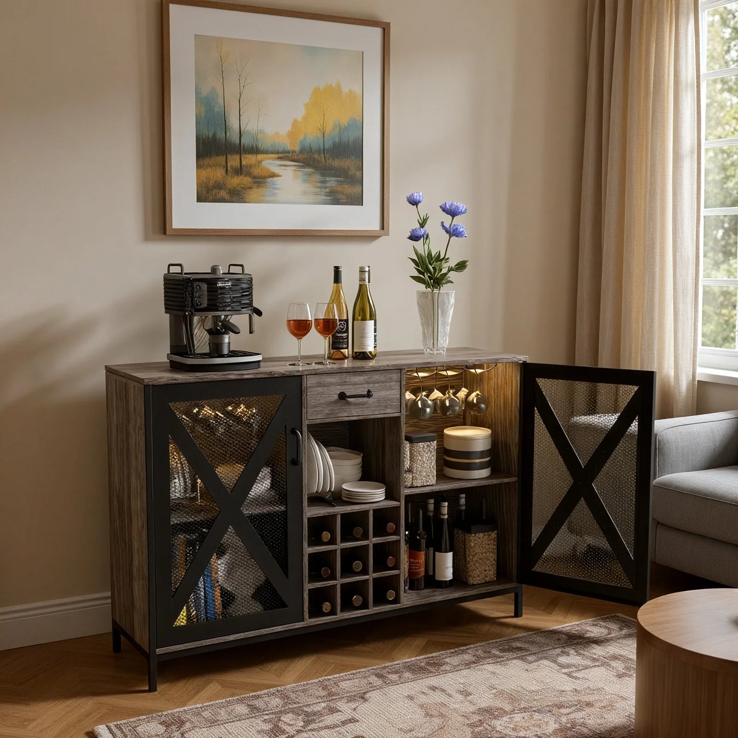 55 Inch Vintage Wooden Bar Cabinet with Drawer for Kitchen Dining Room