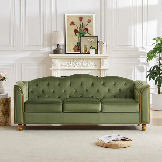 78" Green Velvet Tufted Sofa Couch, 3-Seater Comfy Curved Back for Living Room