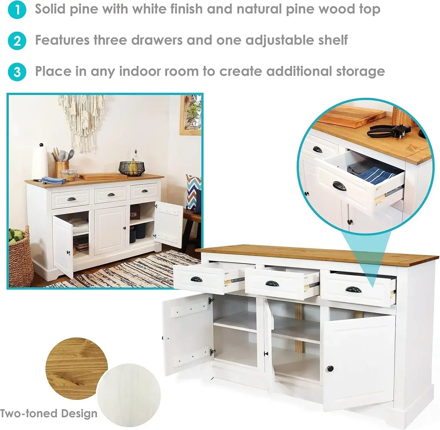 Solid Pine Sideboard Cabinet with Adjustable Shelf and Zinc Alloy Hardware