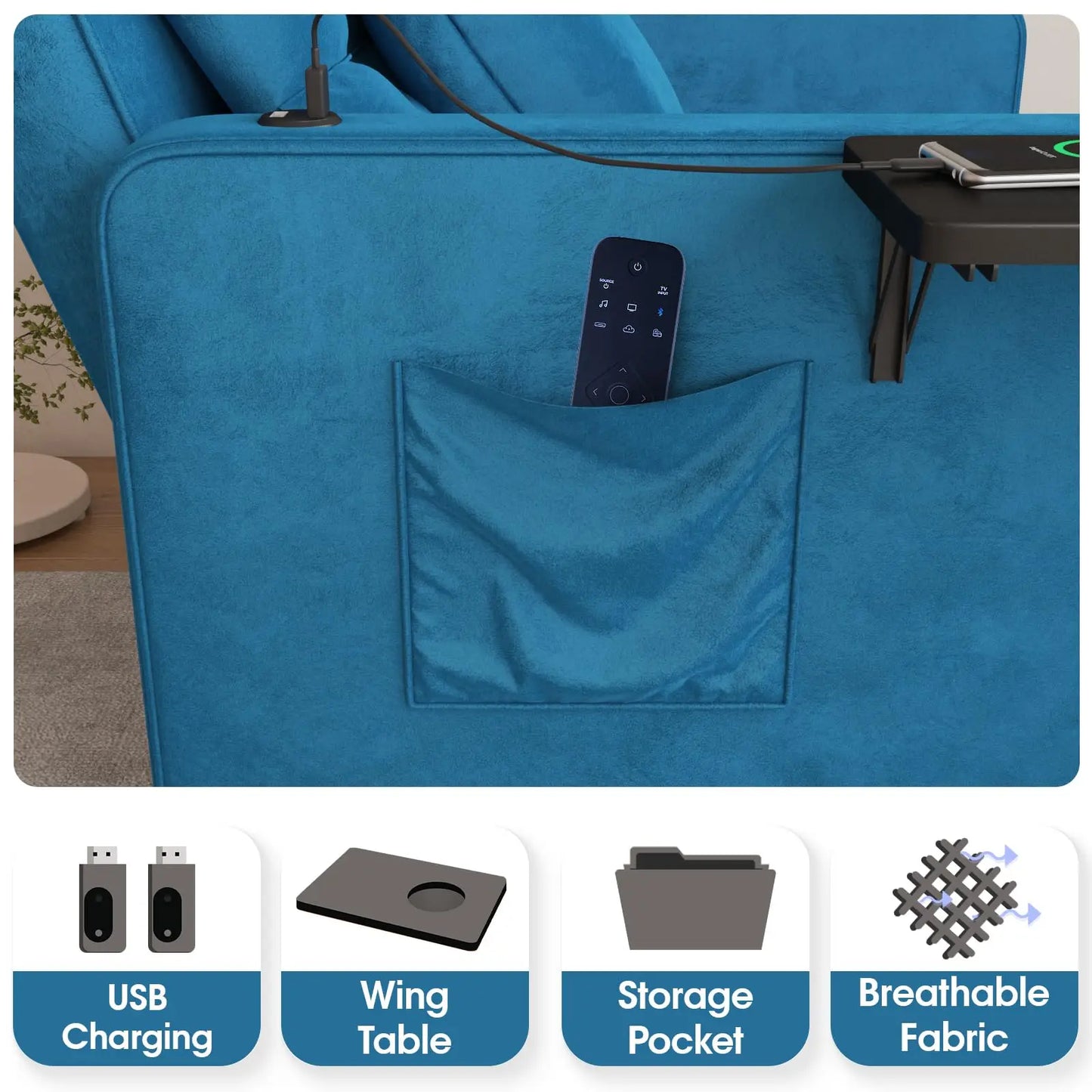 Ljustra Velvet Chaise Lounge Chair with USB Ports 3-in-1 Sofa Bed