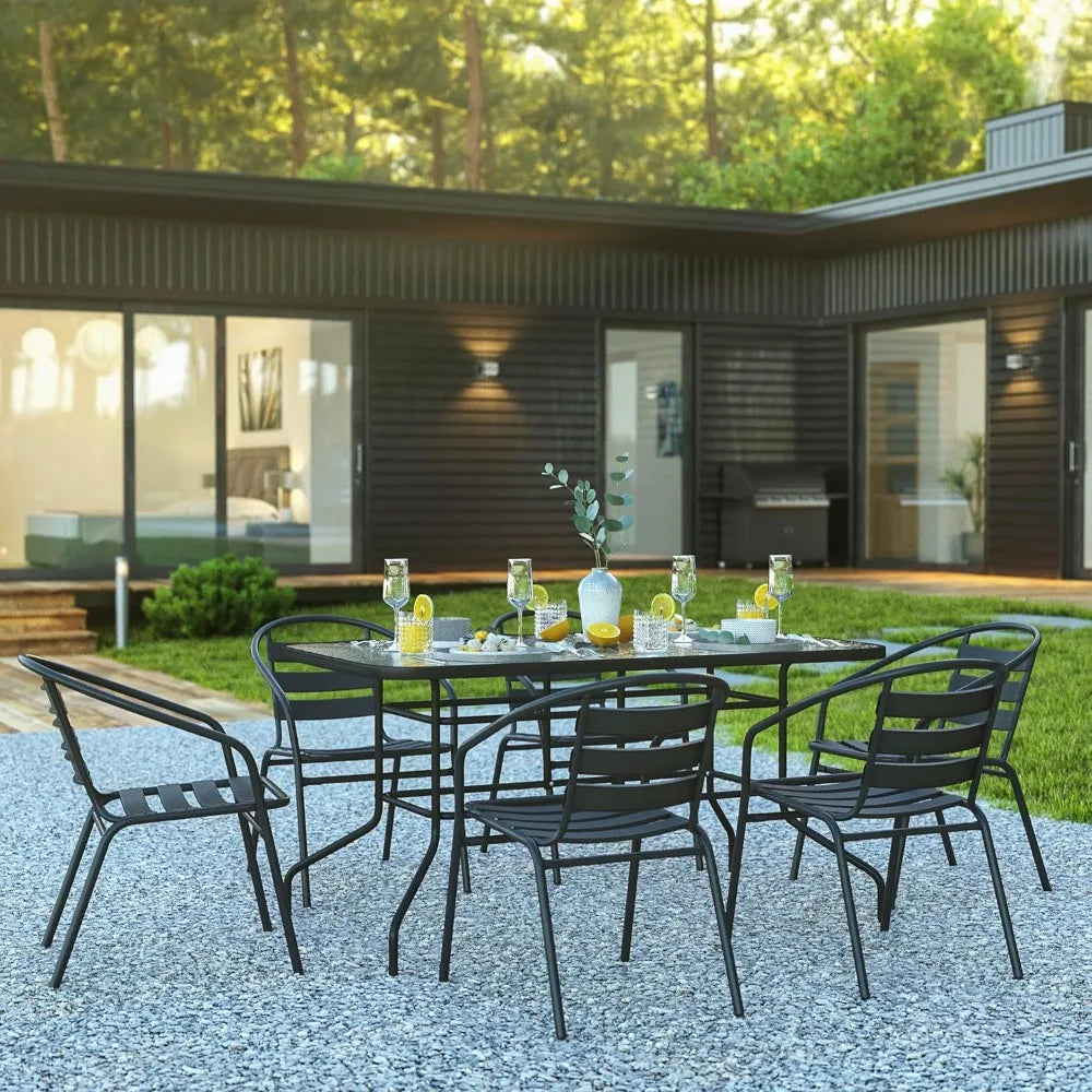 7-Piece Glass Patio Dining Set with Rectangular Table and Slat Back Chairs