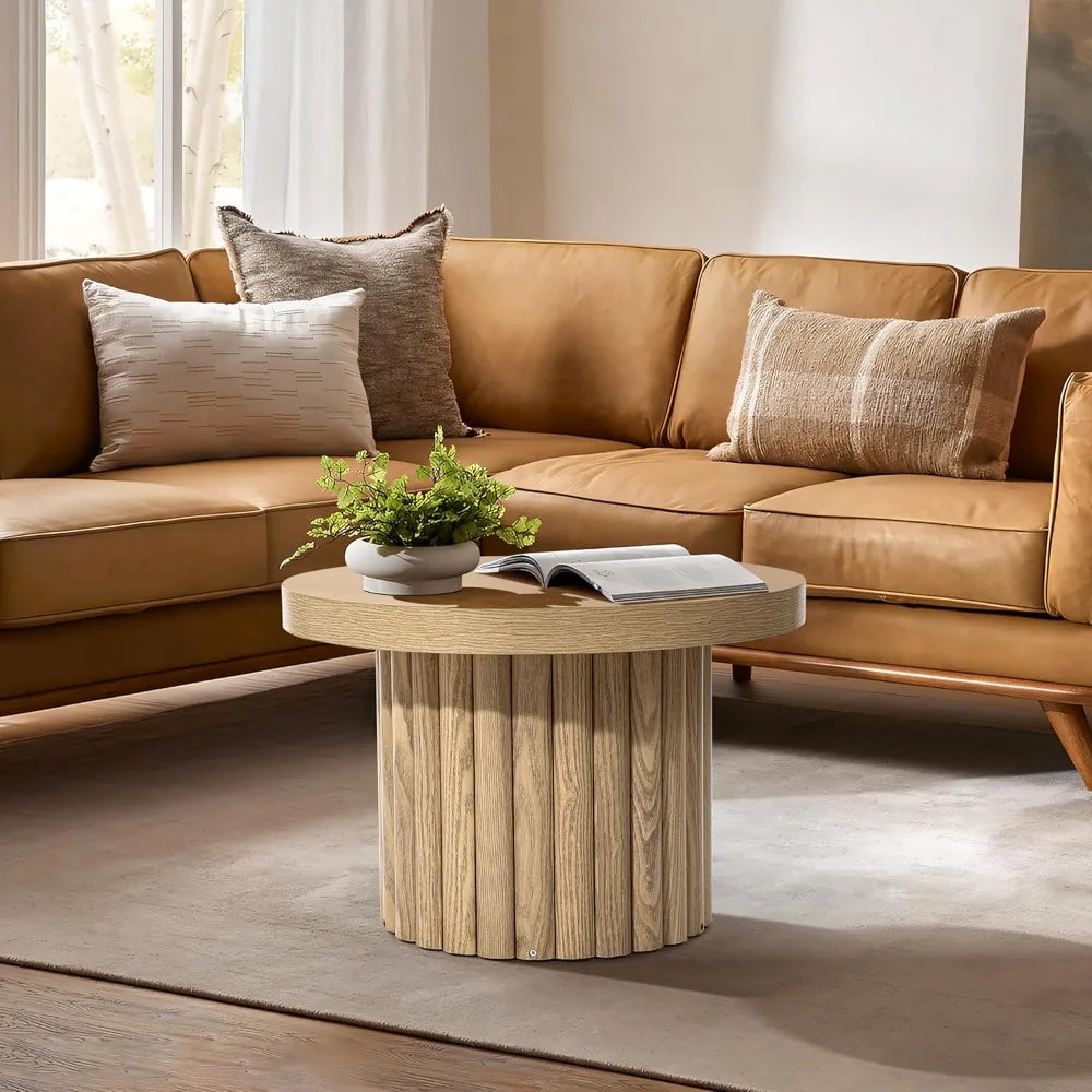 Modern Fluted Round Coffee Table Small Accent Table for Living Room