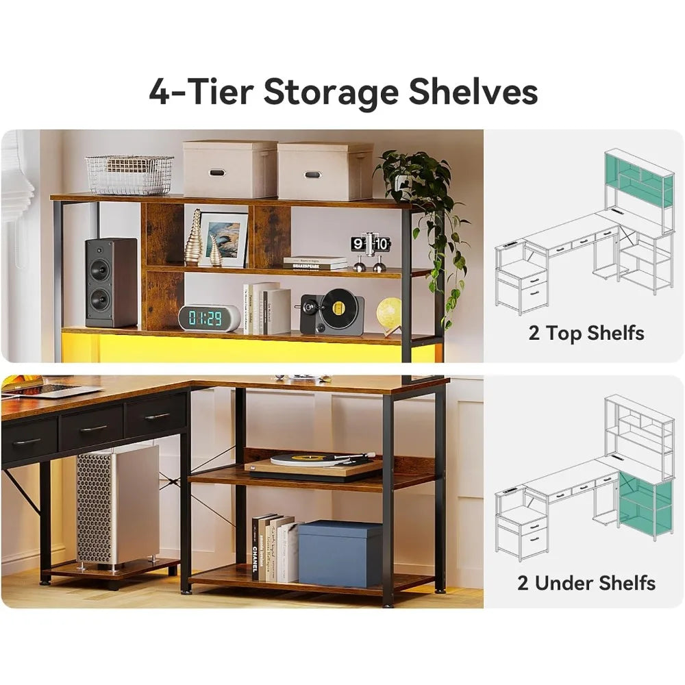 L Shaped Desk with File Drawers Reversible Gaming Desk with Power Outlets