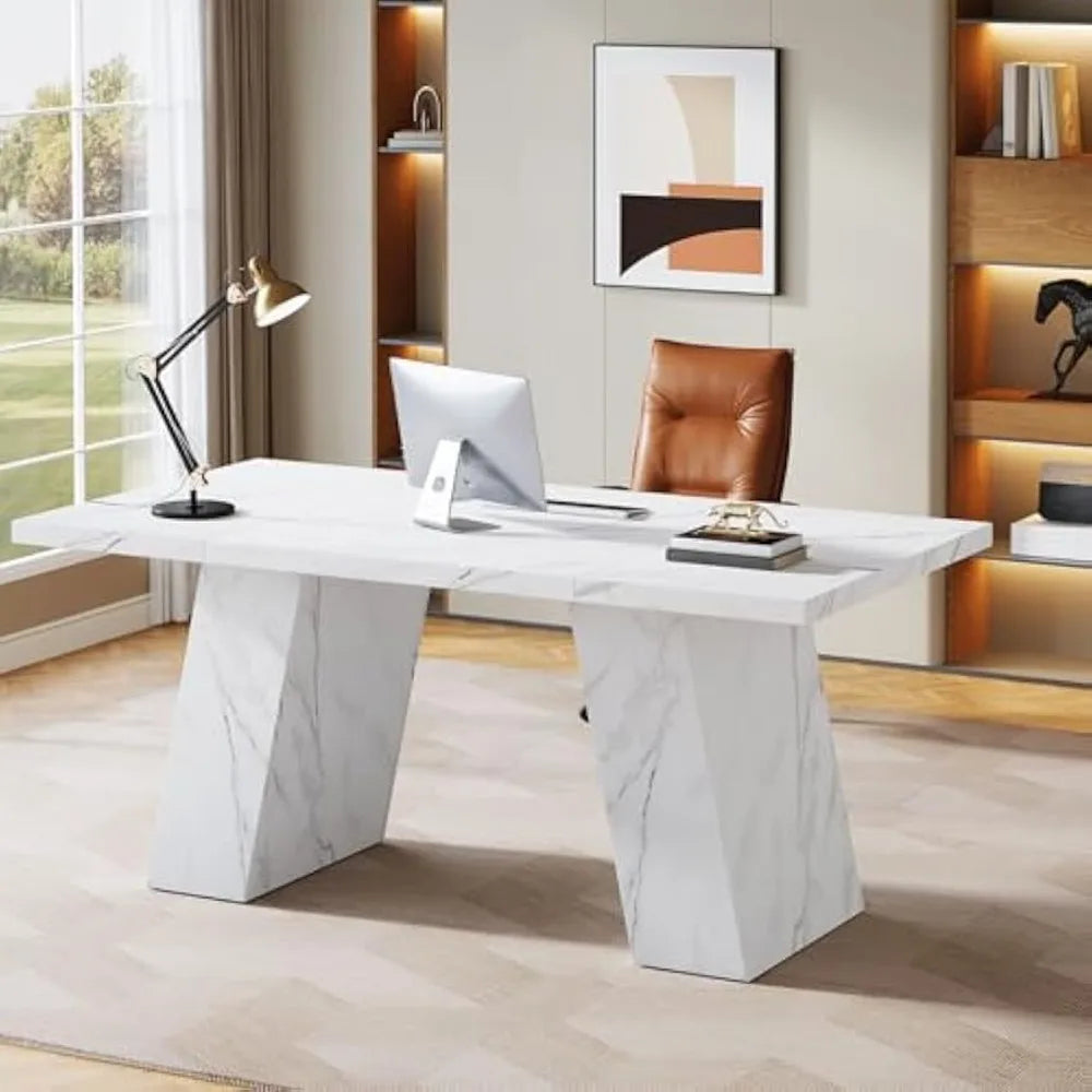 Modern Executive Desk 63 Inch Wooden Faux Marble Computer Workstation